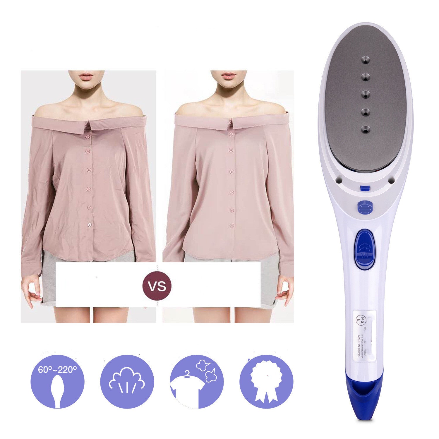 Portable steam brush in white and blue, ideal for travel, compact size.